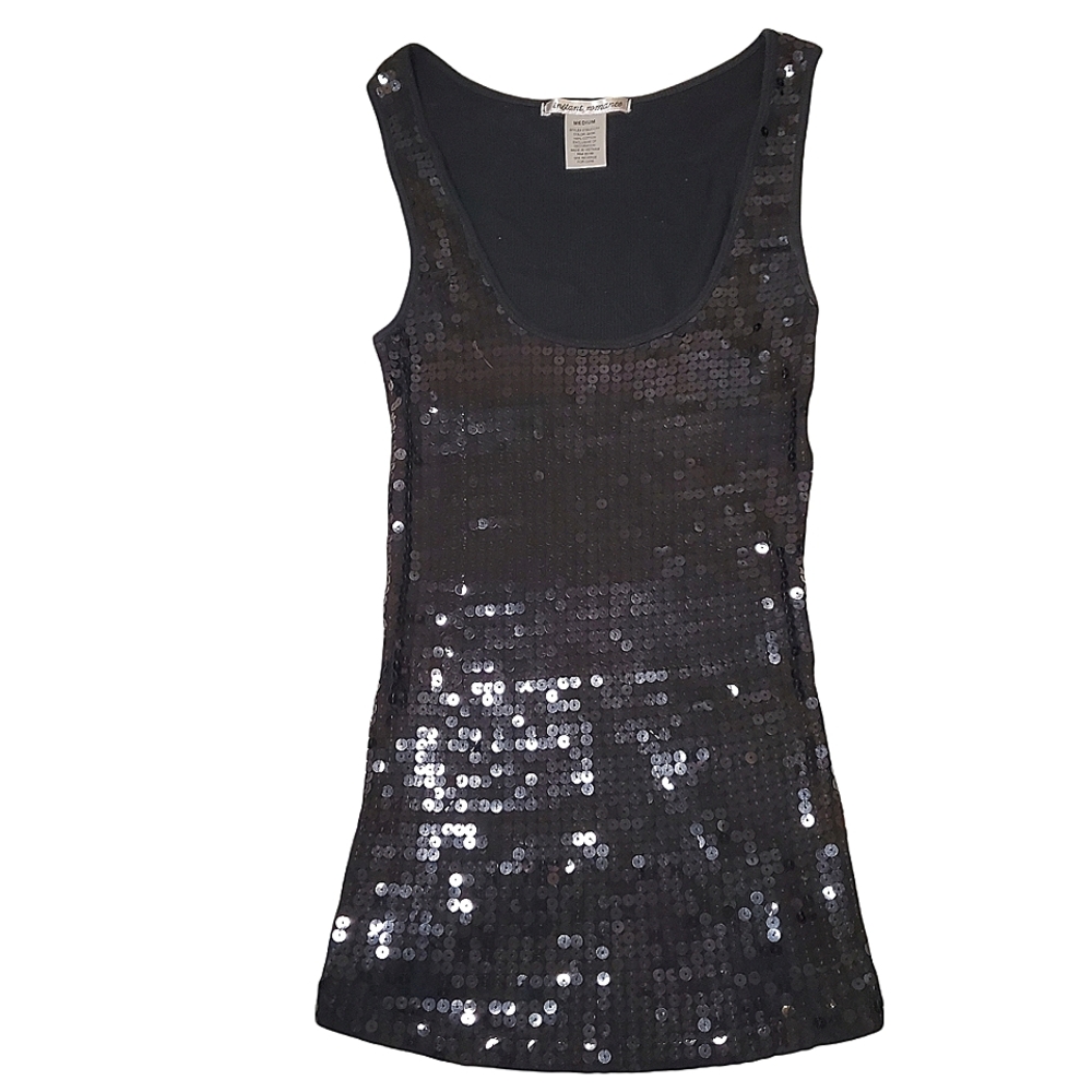 INSTANT ROMANCE | Women's black sequined front tanktop. Size medium.
